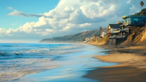 Coastal bluff residences facing wave-sculpted littoral interface.