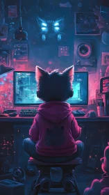 Neon-lit feline coder in cybernetic workstation immersion.