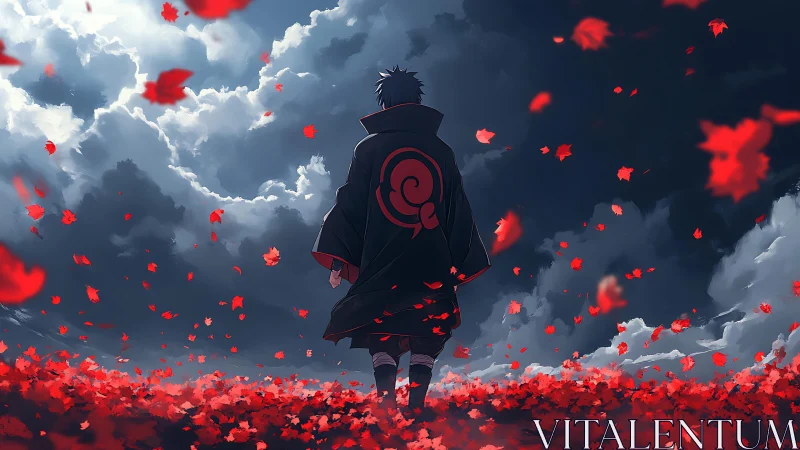 Lone cloaked figure walks through scarlet field under storm clouds