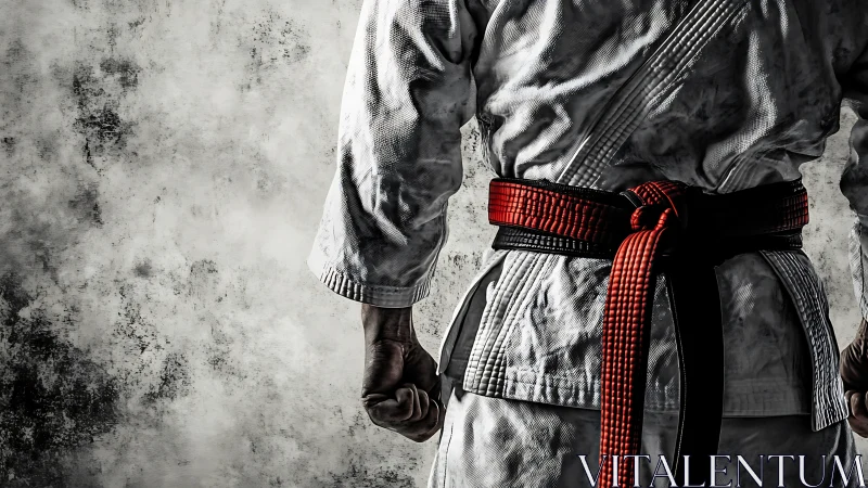 Karate master from behind in textured monochrome lighting.