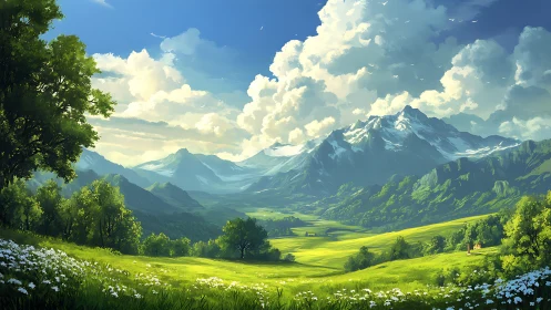 Digital mountain landscape depicts valley under cumulus sky