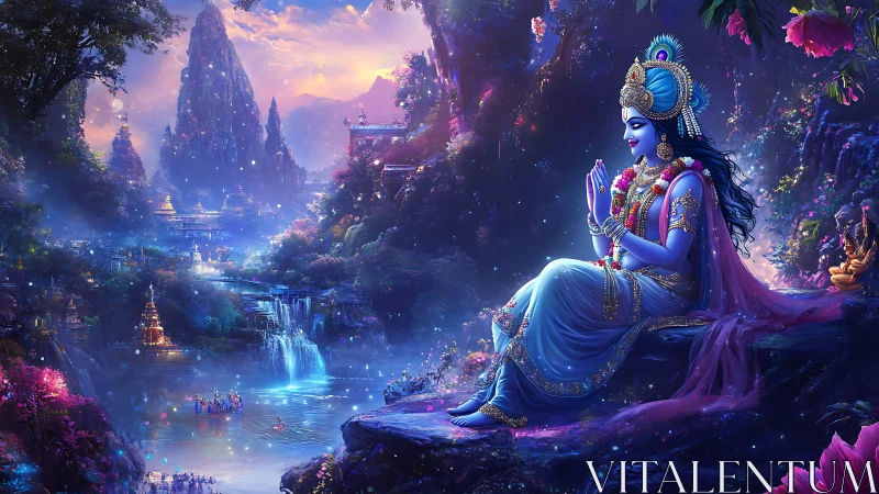 Blue deity dreams over a jewel-lit river of celestial song