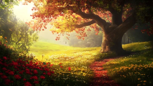 Sunlit forest path under large tree in flowered meadow.