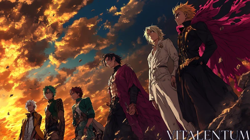 Anime heroes stand united at sunset on rocky ridge.