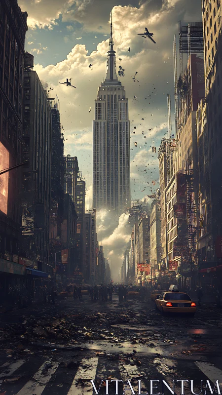 Post-apocalyptic Midtown avenue with towering spire skyline.