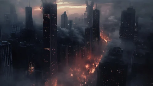 Burning highrise city skyline collapses into dense storm smoke