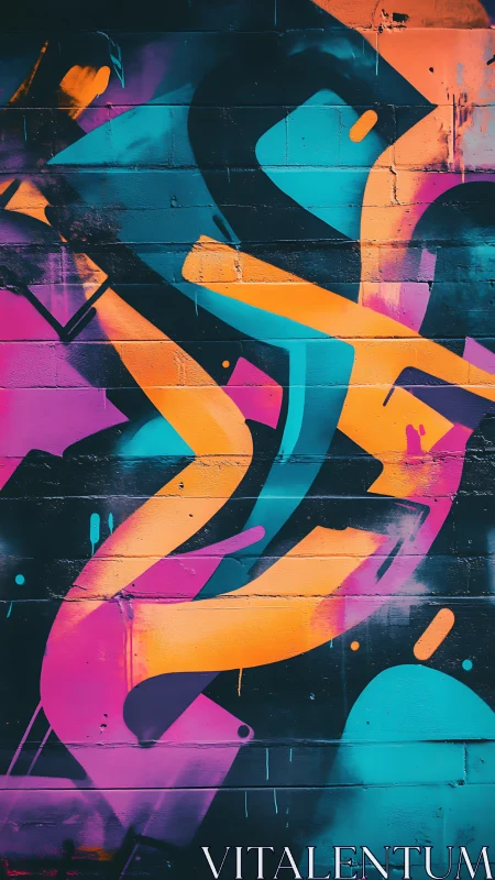 Vibrant neon graffiti abstraction on urban brick wall surface.