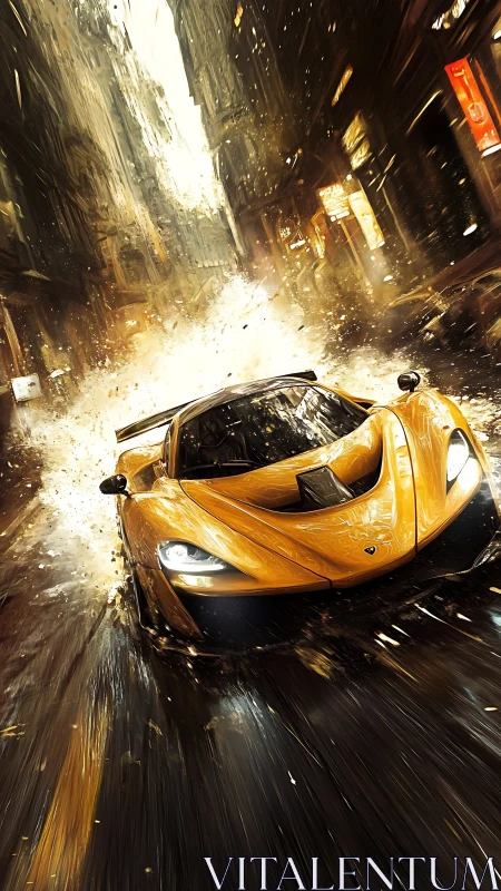 Kinetically illuminated hypercar in rain-lashed urban canyon.
