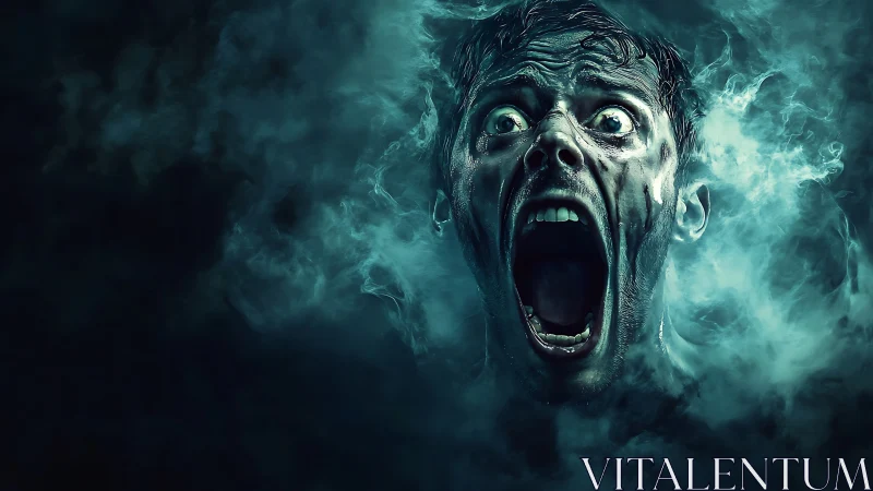 Horrified man screams through swirling teal spectral smoke.