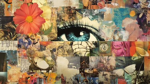 Fragmented mixed-media collage unifying macro eye, florals and texture fields