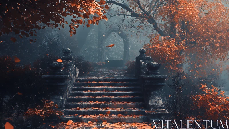 Stone staircase ascends toward archway in misty autumn grove