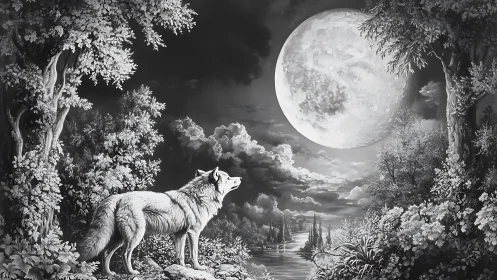 Wolf observing full moon over monochrome forest river scene.
