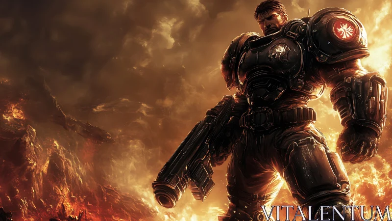 Armored space marine advances through molten battlefield haze