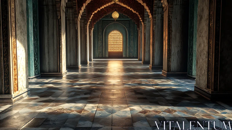 Sunlit arched corridor with tiled floor and ornate columns.