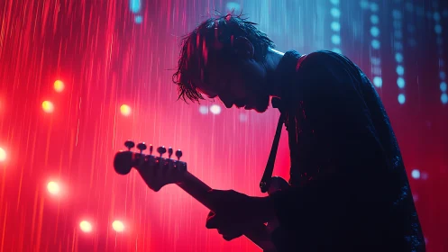 Guitarist lost in neon rainlight, cradled by stage glow.