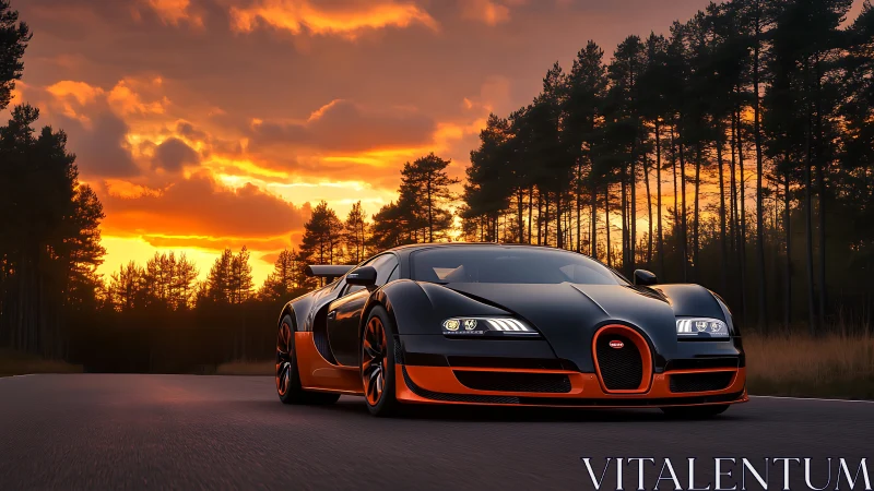 Black and orange supercar on forest road at sunset.