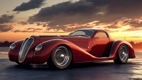 Sunset-slicked retro supercar poised on liquid asphalt.