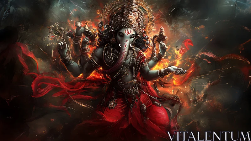 Elephant-headed deity figure in ornate fiery environment.