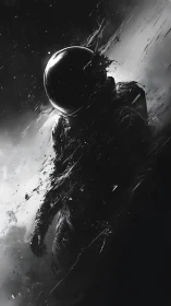 Solitary astronaut silhouette in monochrome abstract space scene.