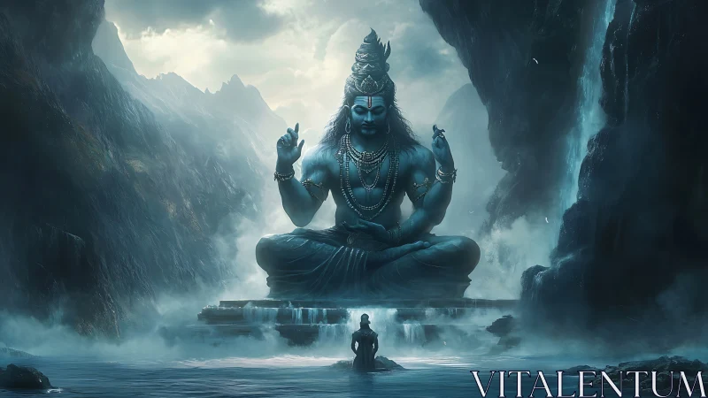 Large blue deity statue sits in misty mountain gorge