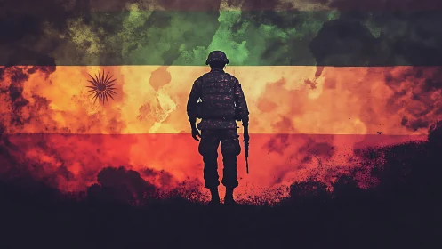 Silhouetted soldier over tricolor battle-scarred flag backdrop.