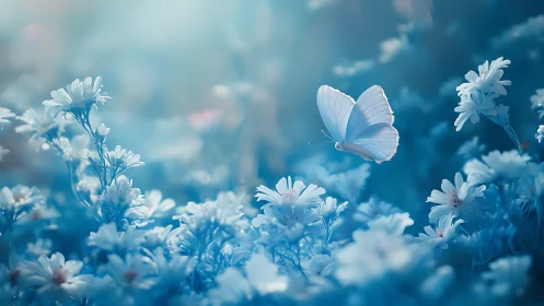 Monochromatic cyan meadow with luminant butterfly in flight.