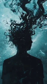 Ink-thought currents bloom from a silhouette adrift in teal