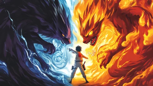 Ninja confronts dual elemental beasts in blazing standoff
