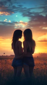 Sunset silhouettes capture tender embrace in glowing field.