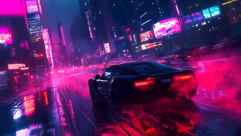 Neon-lit sports car accelerates through rainy cyberpunk avenue at night