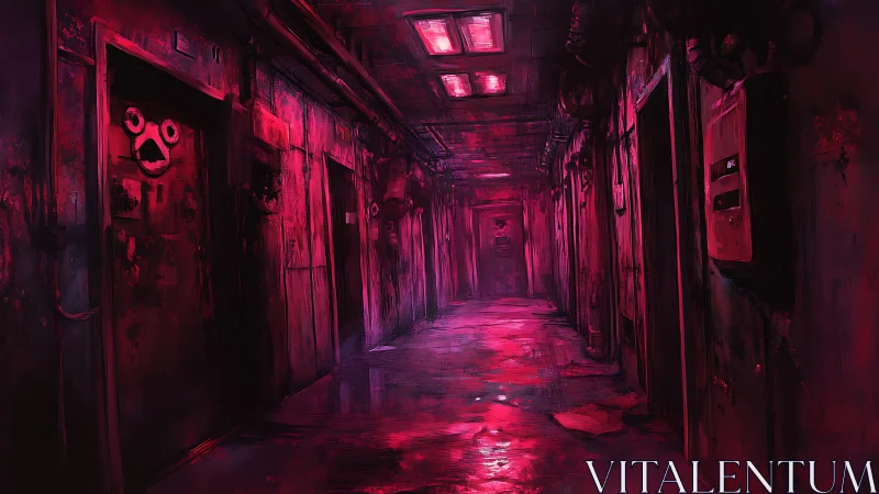Corroded industrial hallway under magenta emergency lighting
