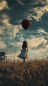 Photorealistic vertical study of girl in field and hot air balloon.