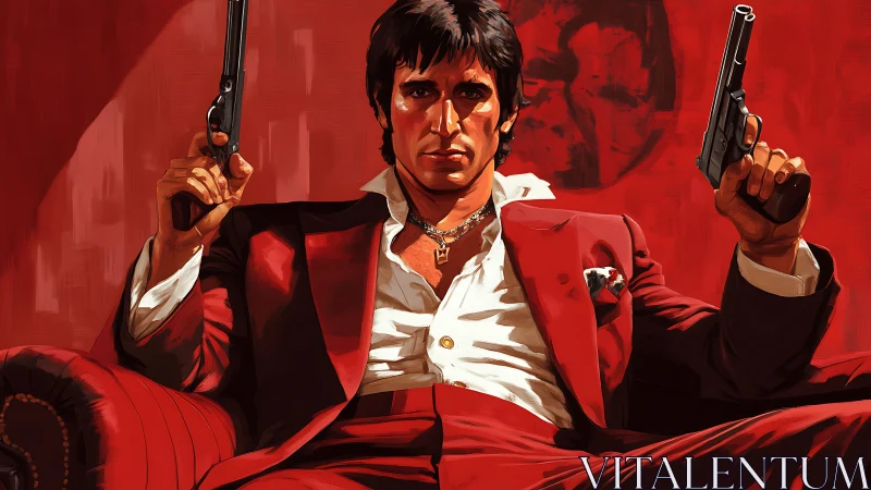 Crimson-lit armed figure in symmetrical digital portraiture stance.