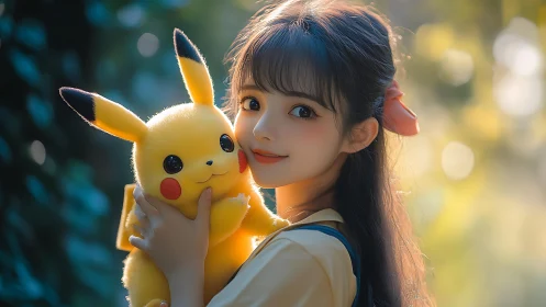 Anime girl with plush electric creature in sunlit bokeh grove.