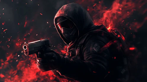 Digital painting of tactical gunner in red particulate flare.