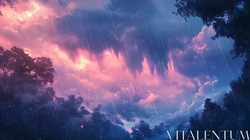 Iridescent stormcloud vista over bioluminescent forest canopy.