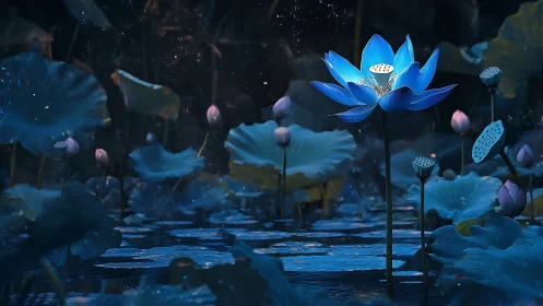 Luminous blue lotus blooms over deep midnight water.