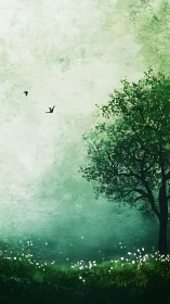 Digital painting of spring meadow with silhouetted tree profile.