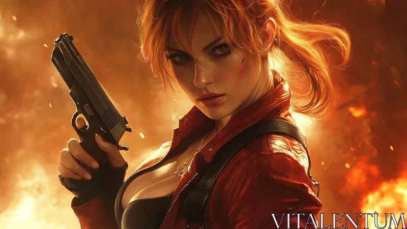 Fiery-haired vigilante stands armed amid raging inferno.