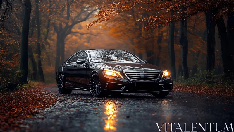 Black sedan on wet forest road during overcast autumn light.