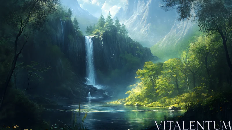 Mountain valley waterfall and reflective forest pool.