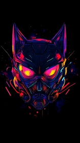 Neon cybernetic cat mask rendered on black background