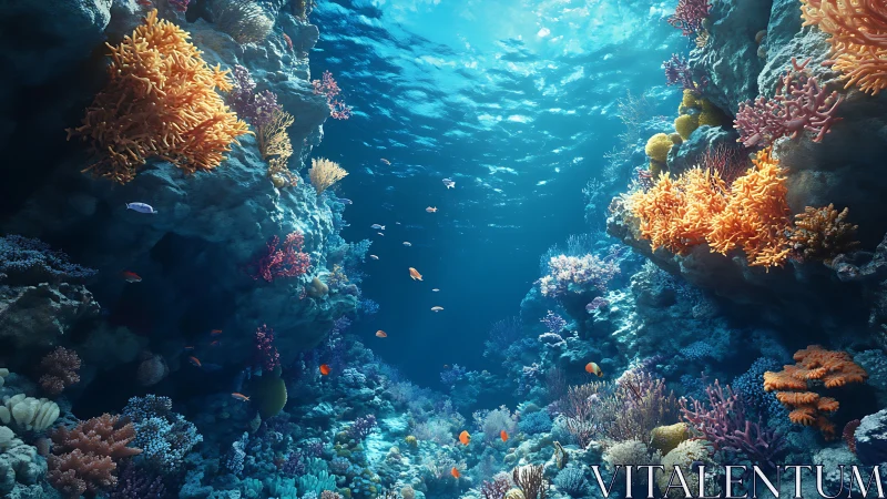 Sunlit coral canyon reveals vivid marine habitat depth.