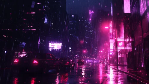 Neon cyberpunk city street glows through heavy midnight rain.