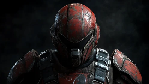 Front view of worn red sci fi combat armor helmet in shadow.