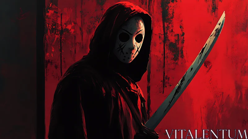 Hooded mask killer poised in a crimson nightmare corridor.