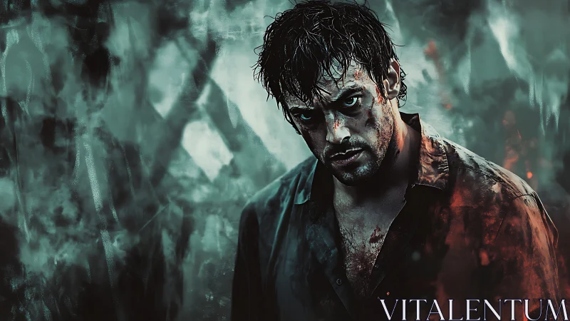 Storm-soaked survivor glares through smoke and embers