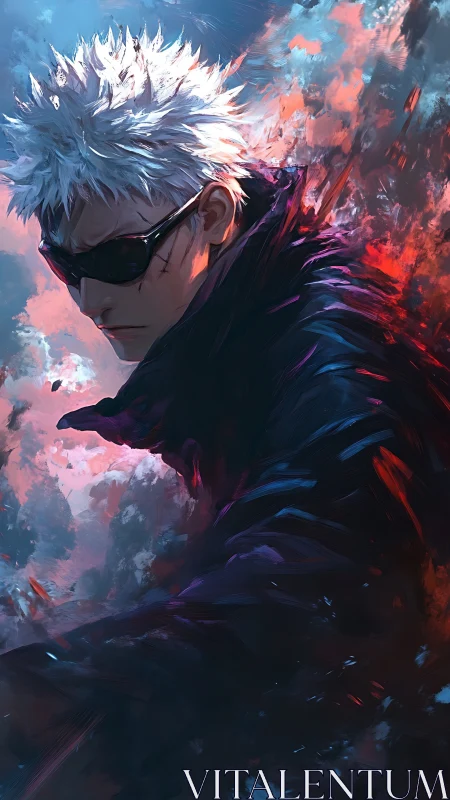 White-haired warrior in dark coat channels searing energy.