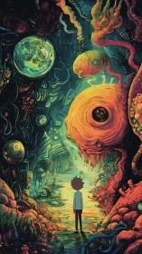 Boy stands in glowing alien corridor facing giant eye