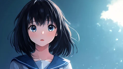 Anime schoolgirl portrait faces bright sky with soft lighting